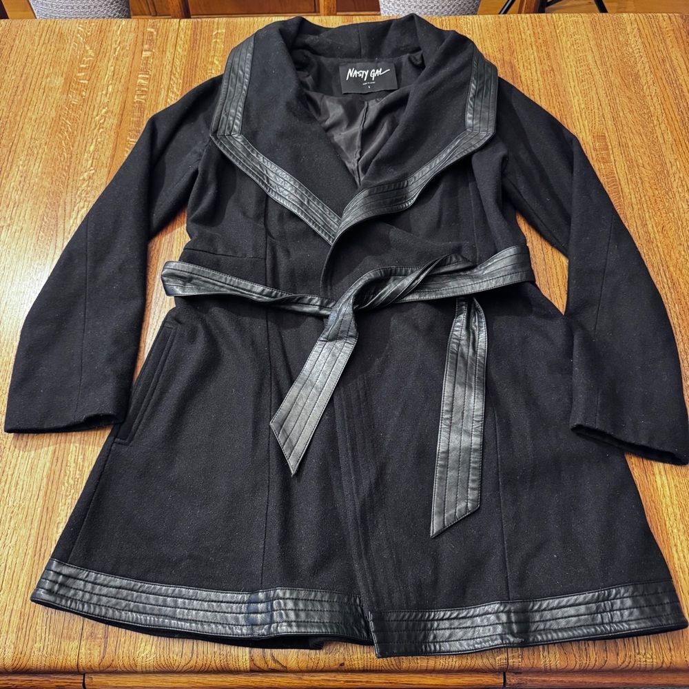 Nasty Gal Women’s  Large Faux Leather Trim Wool Blend Belted Winter Coat